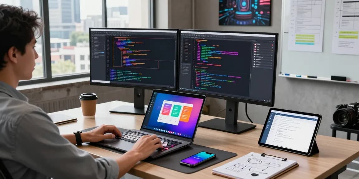 AI code generator showcased in a vibrant software development workspace with dual monitors, coffee, and design elements.