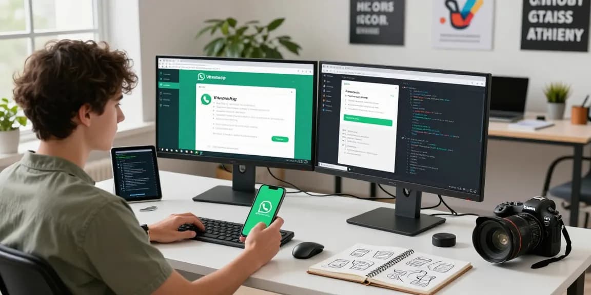 Developer using WhatsApp下載 on multiple screens in a modern workspace.