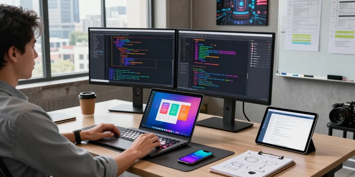 AI code generator showcased in a vibrant software development workspace with dual monitors, coffee, and design elements.