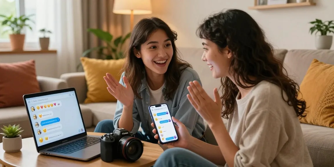Engaging ai sex chat scene with couple on connected devices in a cozy living room.