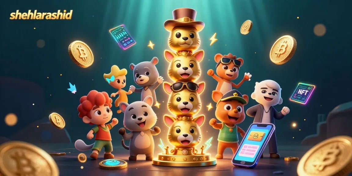 Engage with shehlarashid's vibrant casino-themed 3D totem pole illustration showcasing cryptocurrency elements.