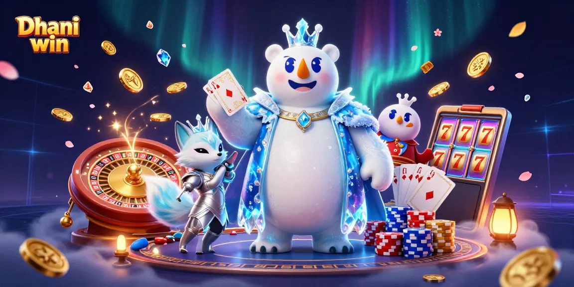 Dive into the thrilling world of Dhani win as the ice king polar bear and snow fox celebrate with cascading coins and vibrant game elements.