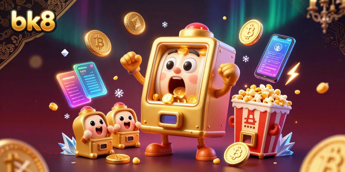 Engage in thrilling jackpots at bk8 with our vibrant slot machine action, surrounded by crypto coins and excitement.