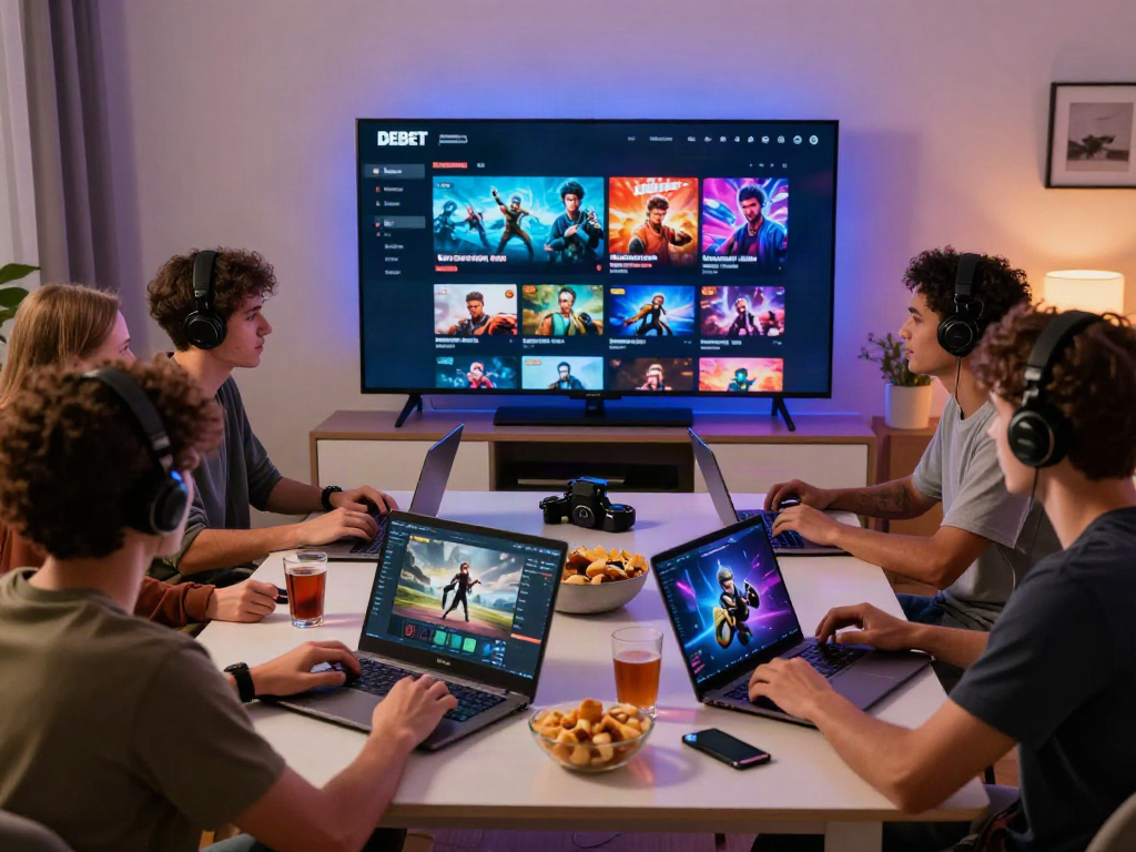 Group enjoying gaming on DEBET online platform in a lively room setting with modern devices.