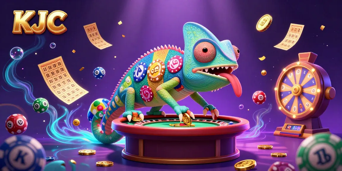 Experience KJC's thrilling gaming environment with vibrant elements and a dynamic chameleon mascot.