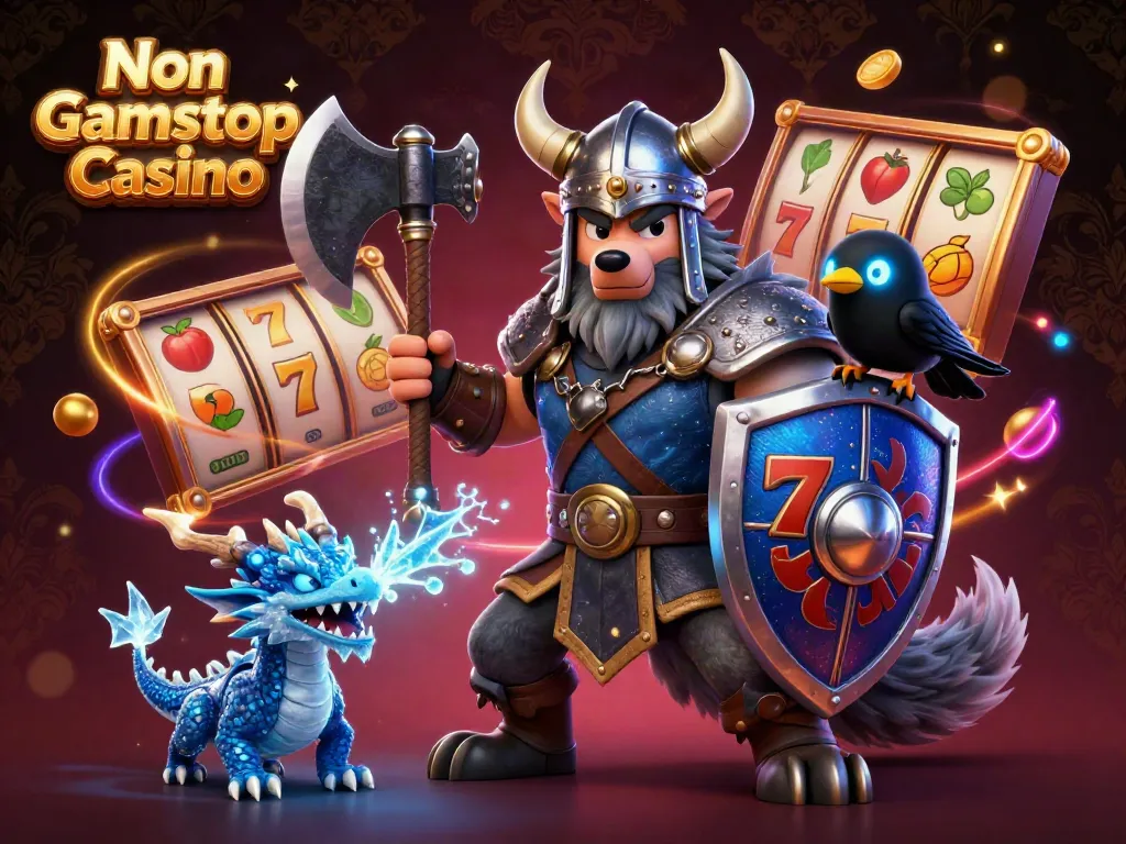 Engage in thrilling fun at Non Gamstop Casino with a dynamic illustration of a Viking wolf warrior, dragon, and magical elements.