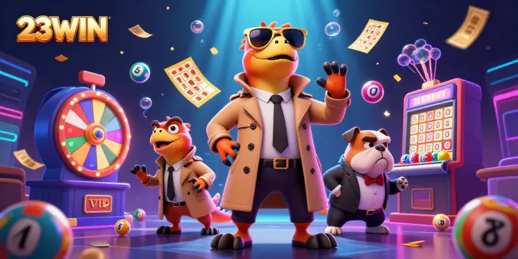 Join the excitement with 23WIN as cartoon raptors attempt a clever disguise at the VIP lounge.