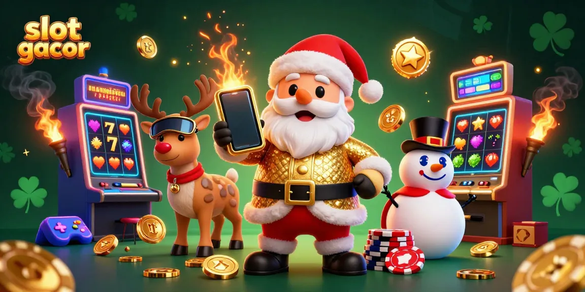 Engaging illustration of Santa and friends showcasing slot gacor theme with vibrant casino elements.