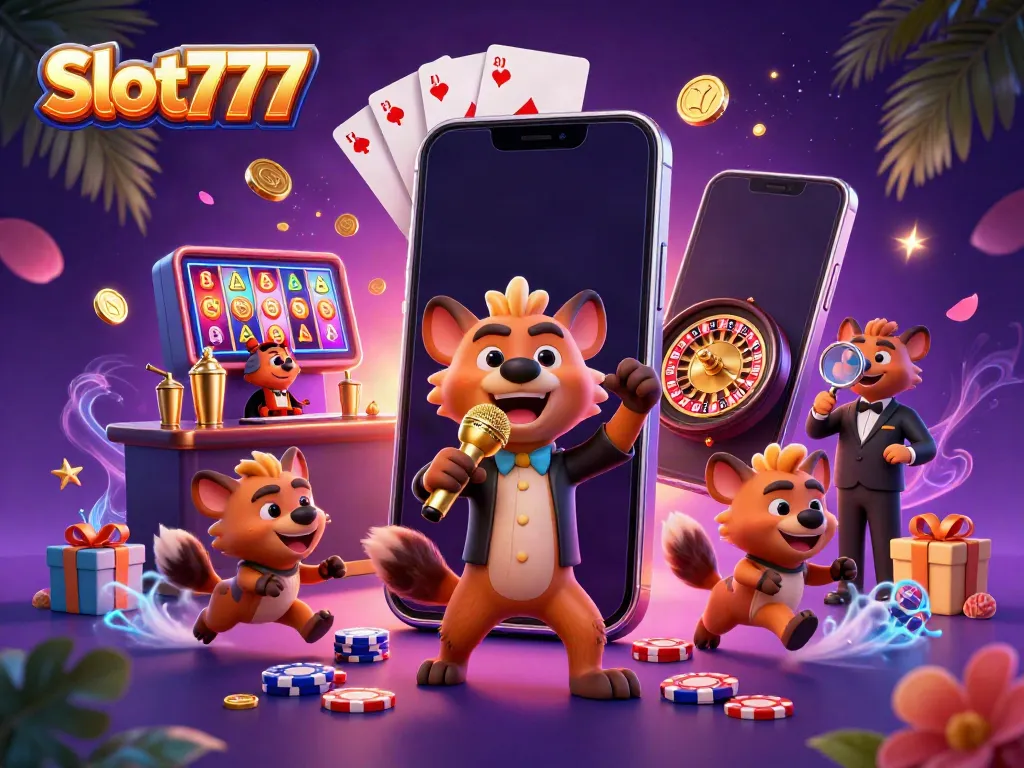 Experience Slot777 excitement with cartoon hyenas in a vibrant casino scene.
