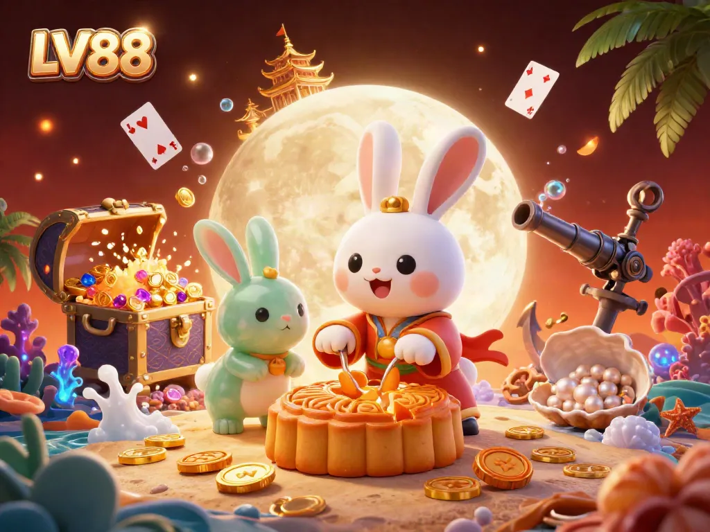 Experience LV88's thriving casino world with a moon rabbit and jade companion, filled with treasures and vibrant elements.