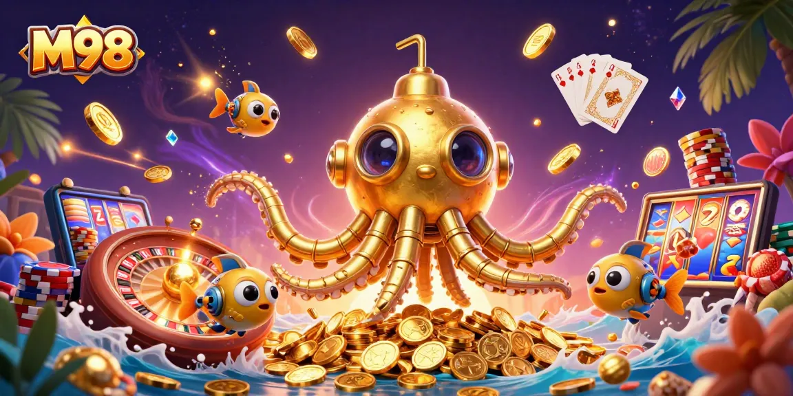M98 showcases a dynamic underwater casino scene with a golden kraken submarine and rich gambling elements.