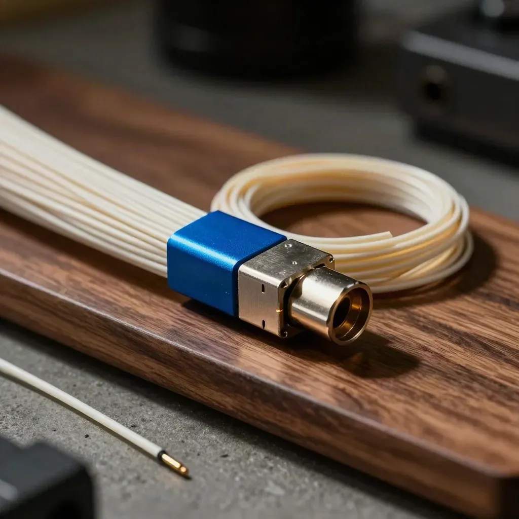 Macro still life of fibre patch leads, a blue service clip, and a brushed metal connector block on a walnut-toned shelf.