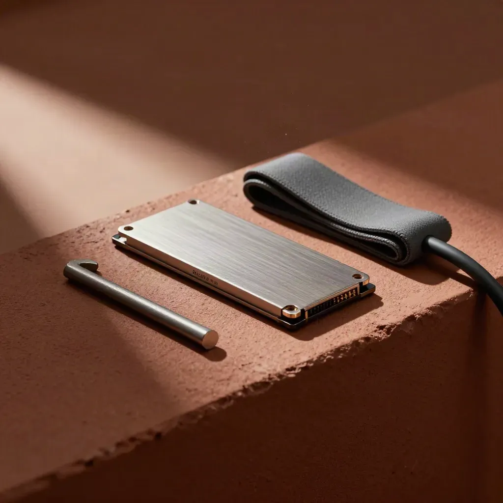 SSD sled, hex key and folded patch lead on dark plaster in warm directional light.