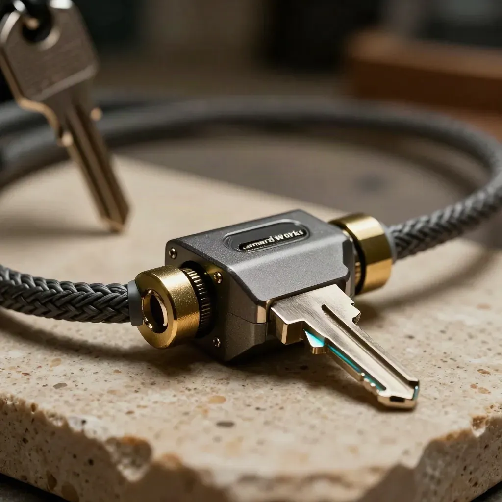 Extreme macro of a cable harness, modular coupler and hardware key on warm stone.