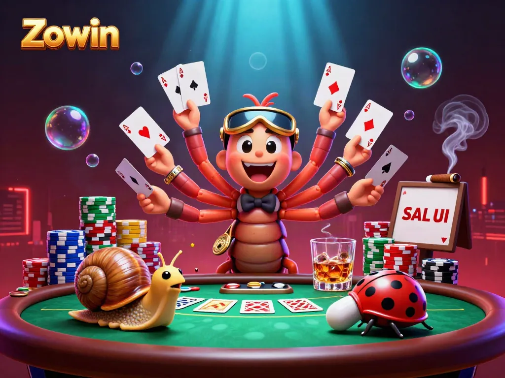 Zowin's gaming adventure featuring vibrant casino characters at a poker table.