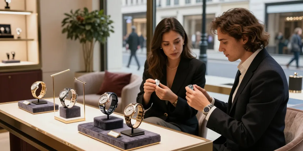 Elegant display of super clone watches in a luxurious boutique setting with individuals admiring the exquisite details.