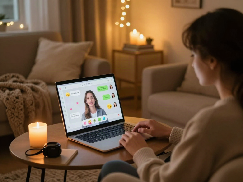 Engaging in AI sex chat on a cozy laptop setup with warm lighting.