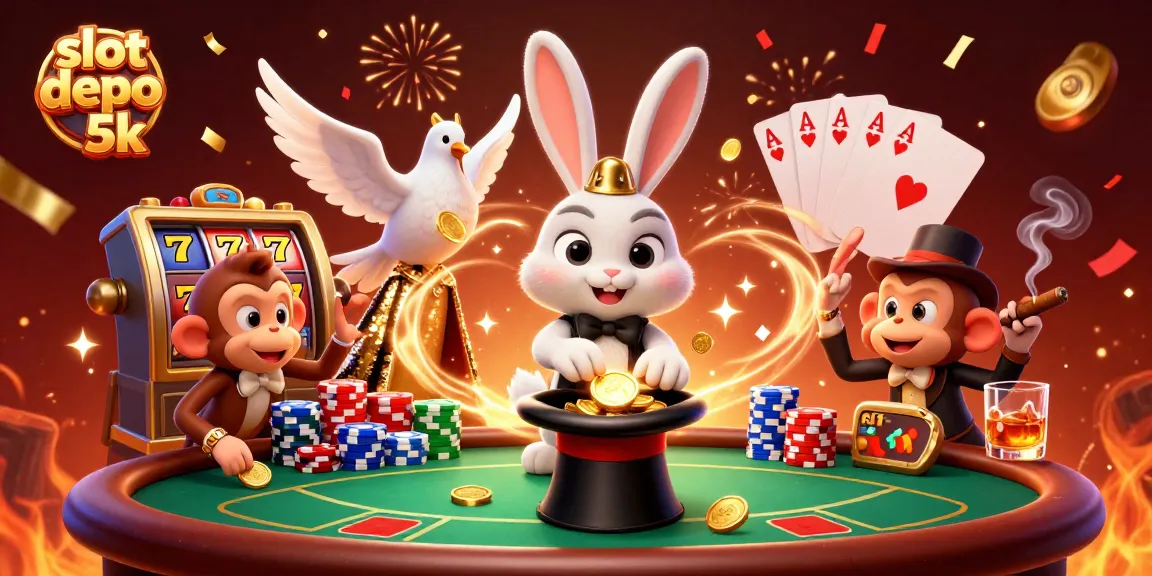 Spin to win at slot depo 5k while the magician conjures coins amidst poker chips.