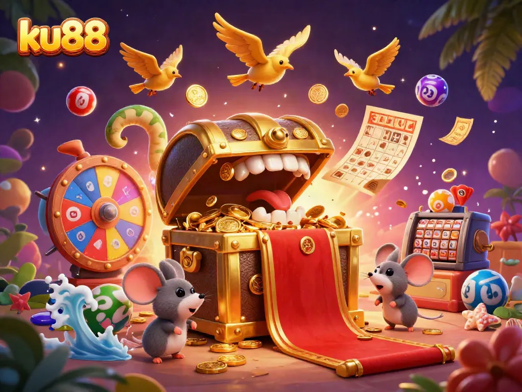 Engaging ku88 gaming scene featuring adventurer mice drawn to a treasure chest amidst colorful lottery elements.