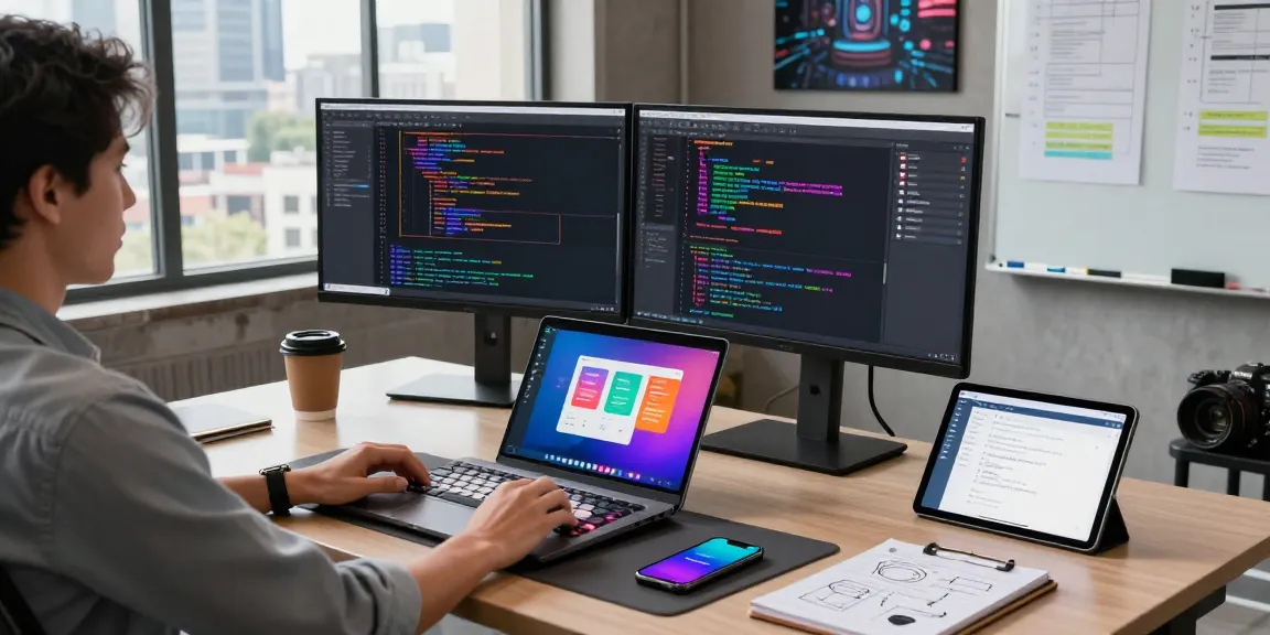 AI code generator showcased in a vibrant software development workspace with dual monitors, coffee, and design elements.