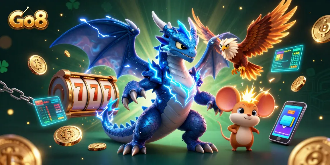 Engage with Go8's electric casino world featuring vibrant characters and iconic gaming elements.