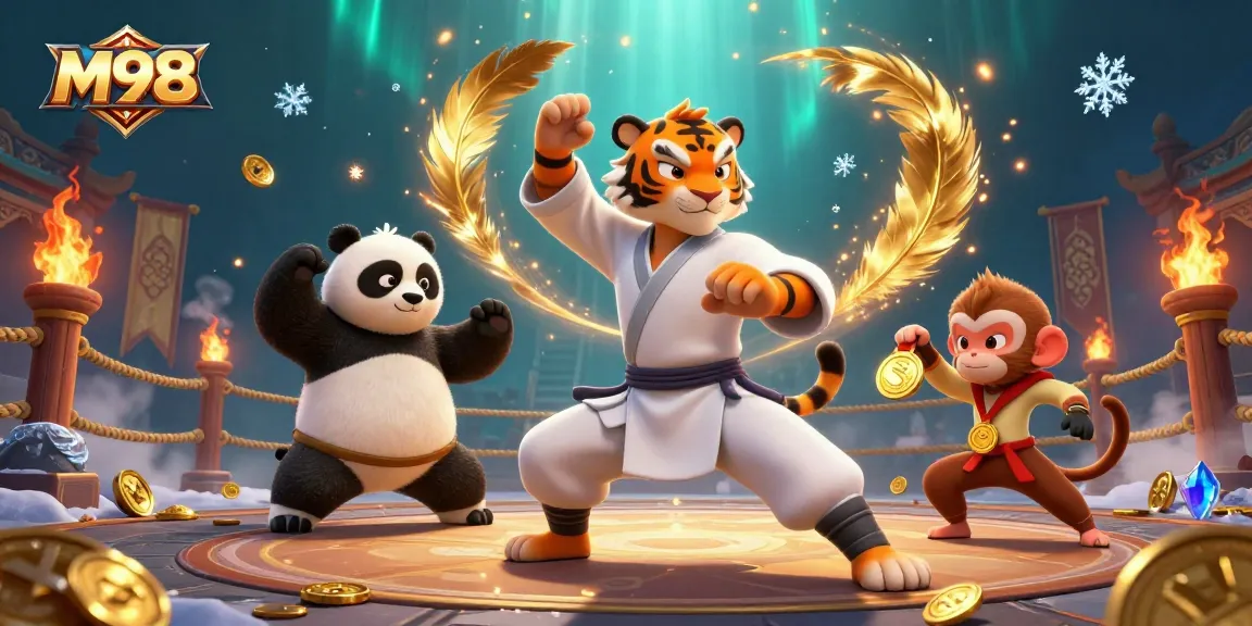 M98 players enjoying vibrant 3D slots scene with dynamic characters and immersive gaming elements.