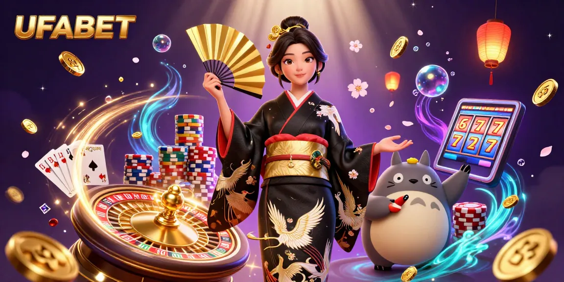 Play exciting games at UFABET with vibrant 3D illustration of an Asian woman and tanuki in a casino setting.