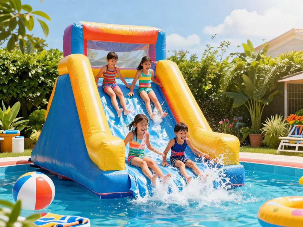 Children slide in the water on a vibrant inflatable water slide during summer fun in the garden.