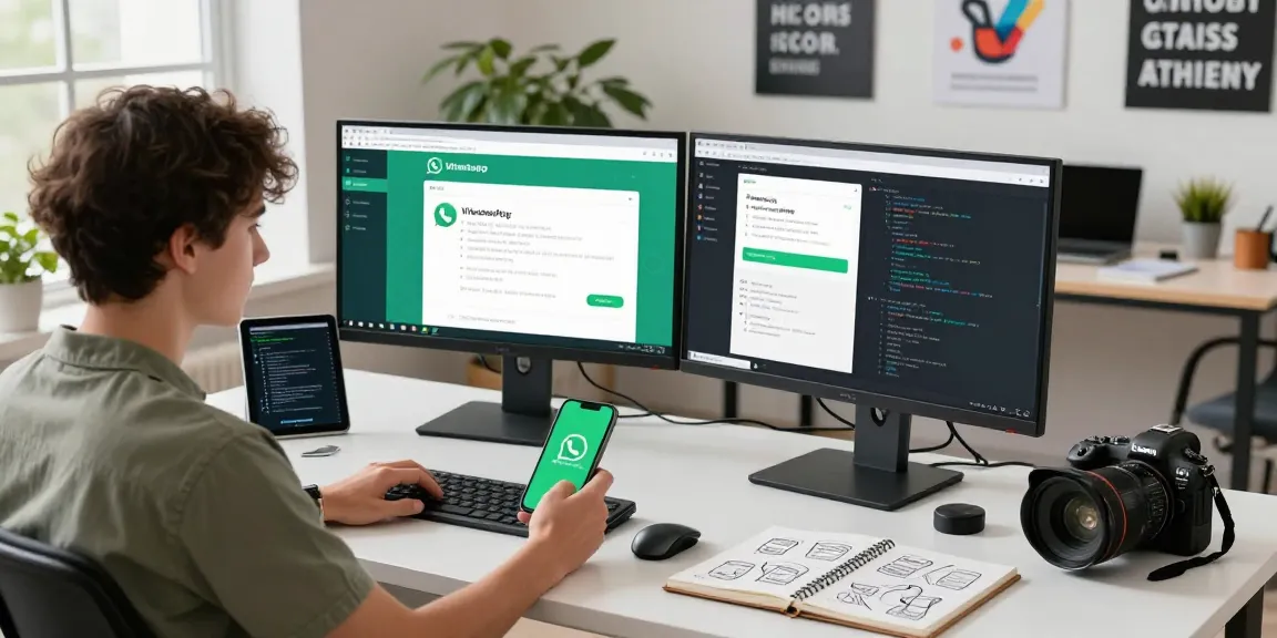 Developer using WhatsApp下載 on multiple screens in a modern workspace.