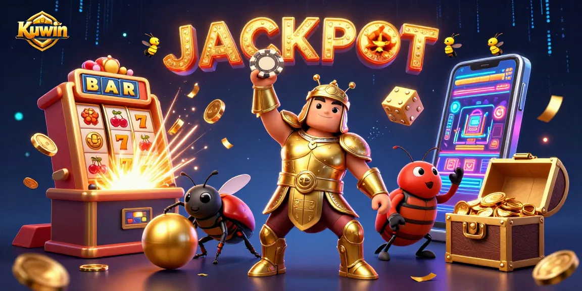 Kuwin's vibrant gambling world illustrated with a heroic beetle and golden symbols celebrating jackpots.