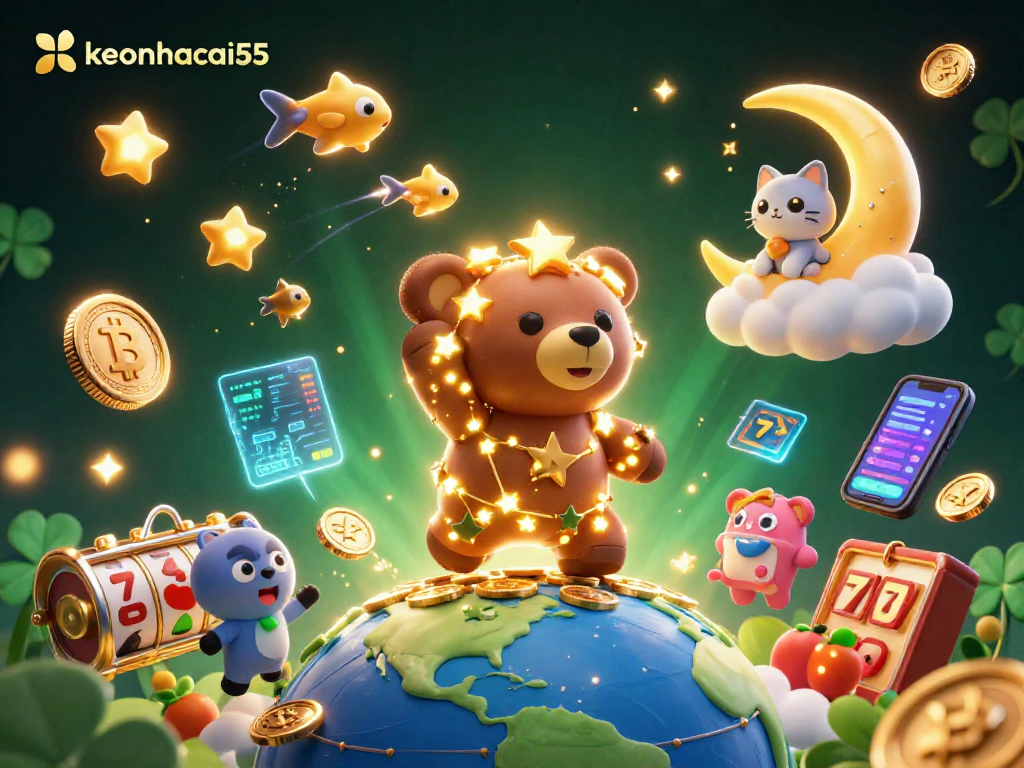 Engage with keonhacai55 in this vibrant casino scene of cosmic fortune and crypto elements.
