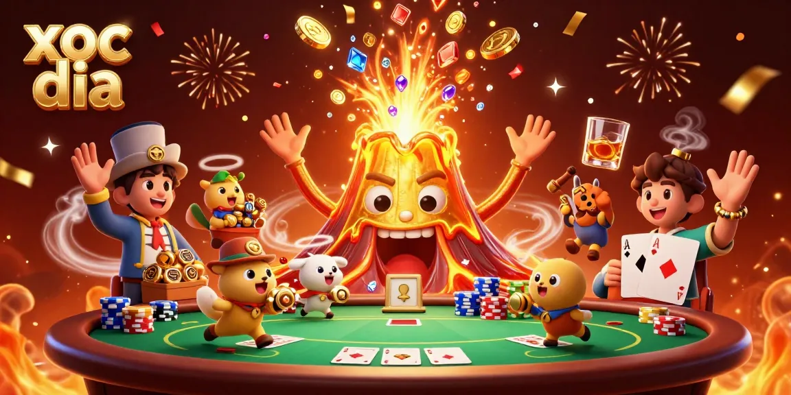 Experience the thrill of xoc dia as a golden volcano erupts coins and treasures in a vibrant casino scene.