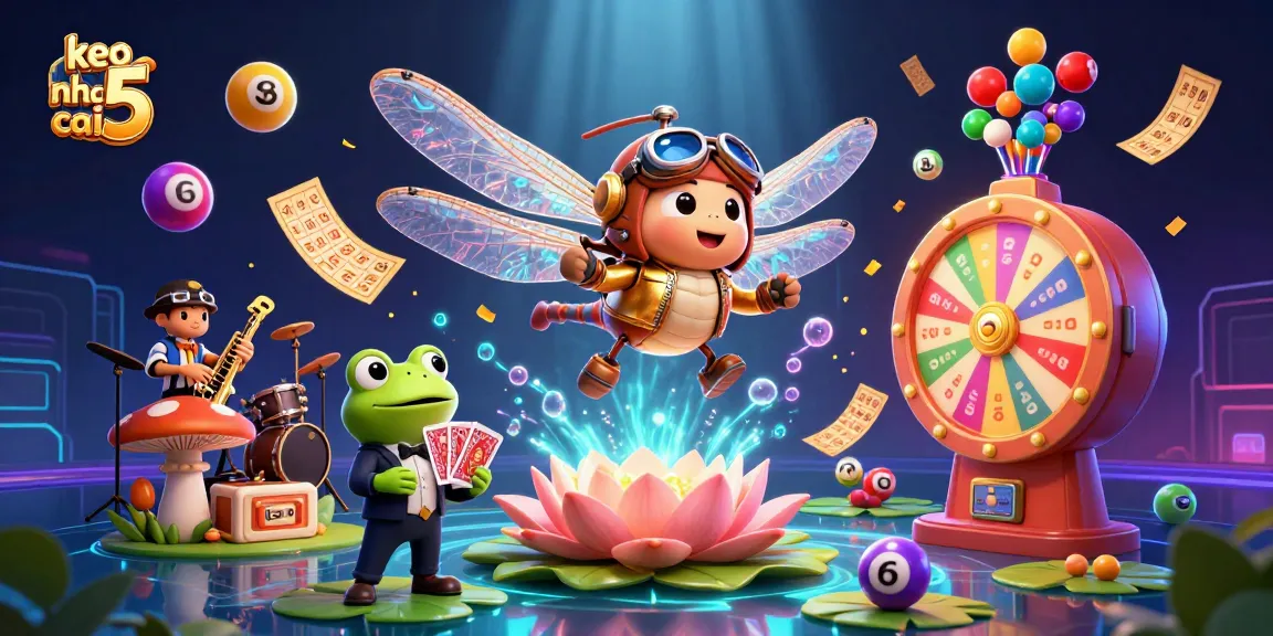 Engage with keo nha cai 5 at a vibrant lily pad casino, featuring colorful elements and lively characters.
