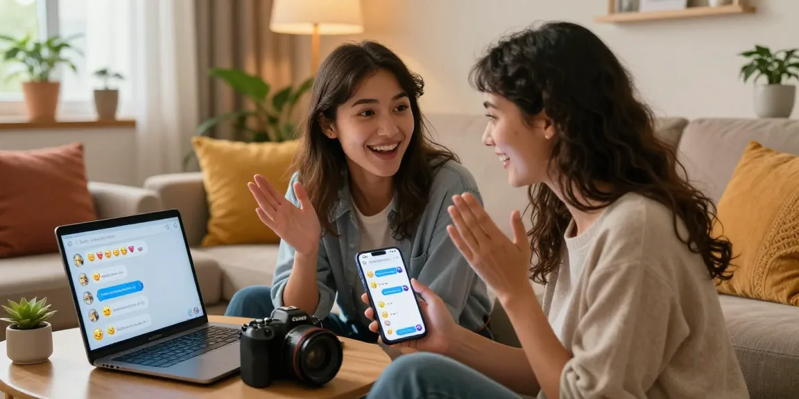 Engaging ai sex chat scene with couple on connected devices in a cozy living room.