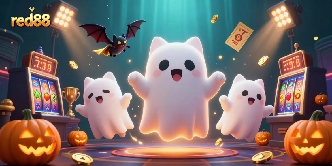 Play games at red88 with a ghost cat and bat in a haunted casino filled with jackpots.