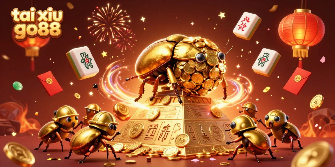 Engage in dynamic tai xiu go88 gameplay with festive elements and gregarious beetles creating a vibrant casino atmosphere.