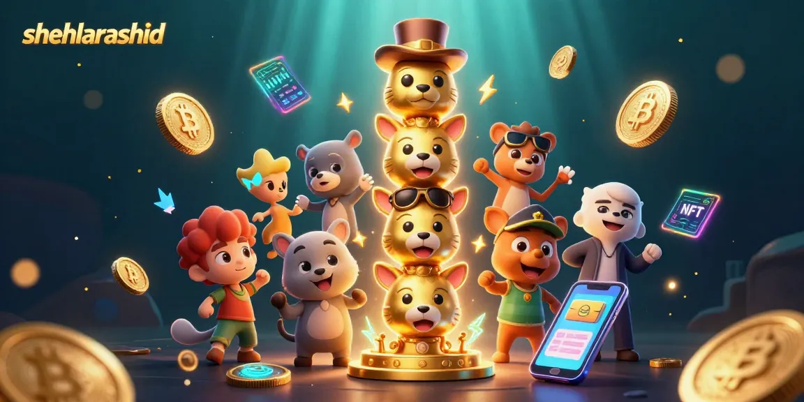 Engage with shehlarashid's vibrant casino-themed 3D totem pole illustration showcasing cryptocurrency elements.