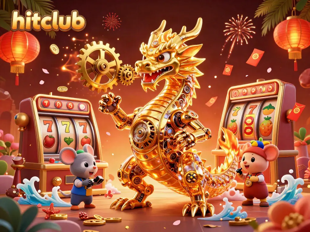 Experience the thrill of hitclub with a golden dragon and engaging slot machine elements in this vivid illustration.