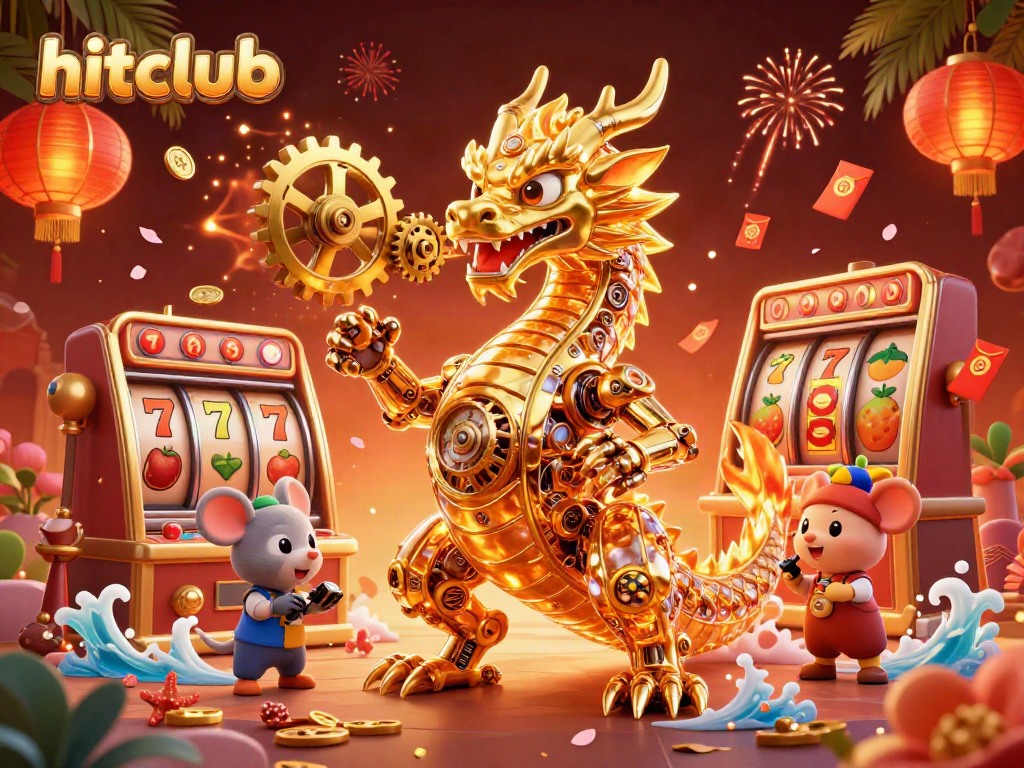 Experience the thrill of hitclub with a golden dragon and engaging slot machine elements in this vivid illustration.