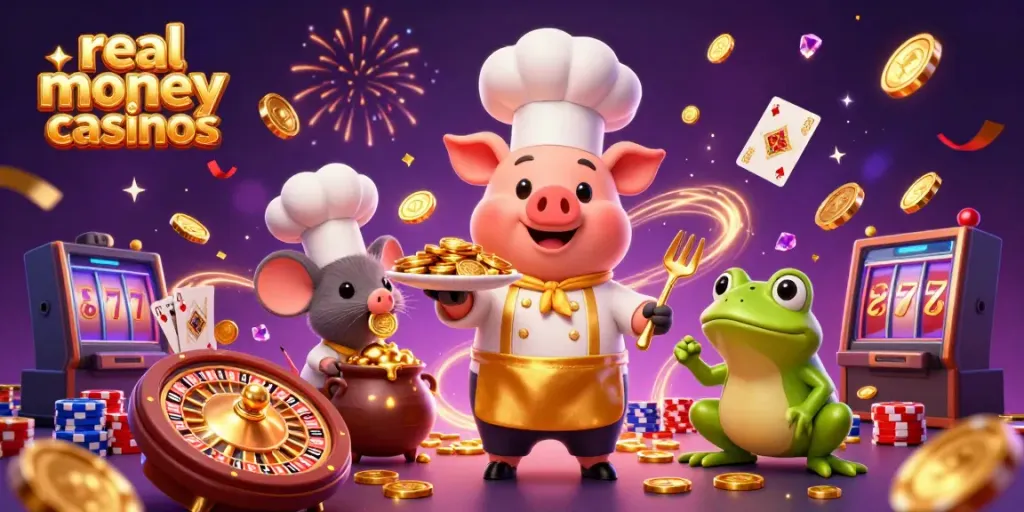 Experience the excitement of real money casinos with gold coins, vibrant characters, and dynamic gaming elements.