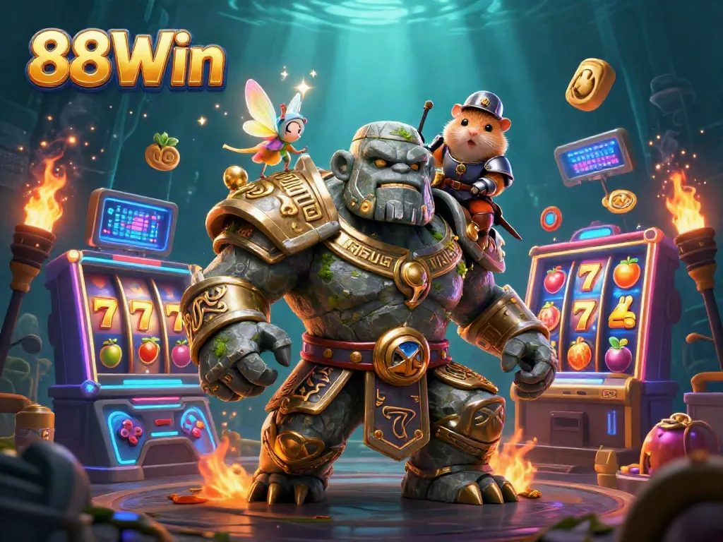 Experience thrilling fun with 88Win, showcasing a vibrant scene of a magical golem and knight in a casino