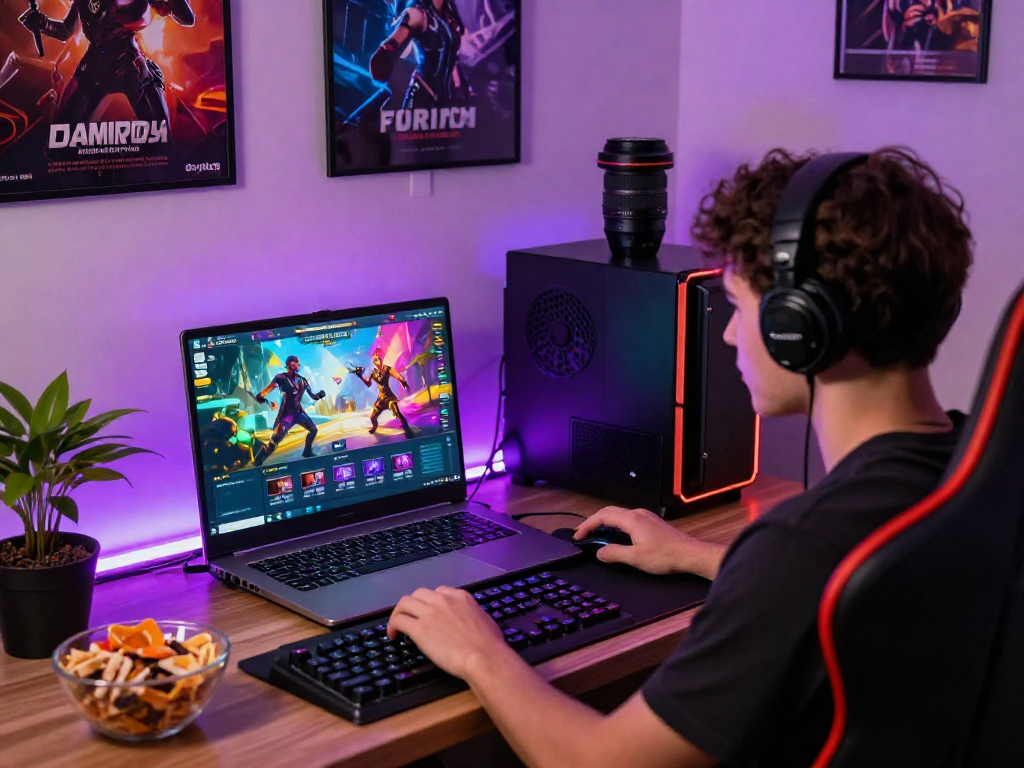Engaging scene of a player immersed in HTML porn games at a vibrant gaming station, showcasing colorful graphics and gaming peripherals.